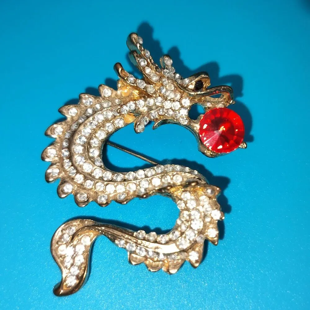 Sparkling Gold Tone Dragon Brooch Pin Red Crystal Ball Clear Rhinestones Fashion